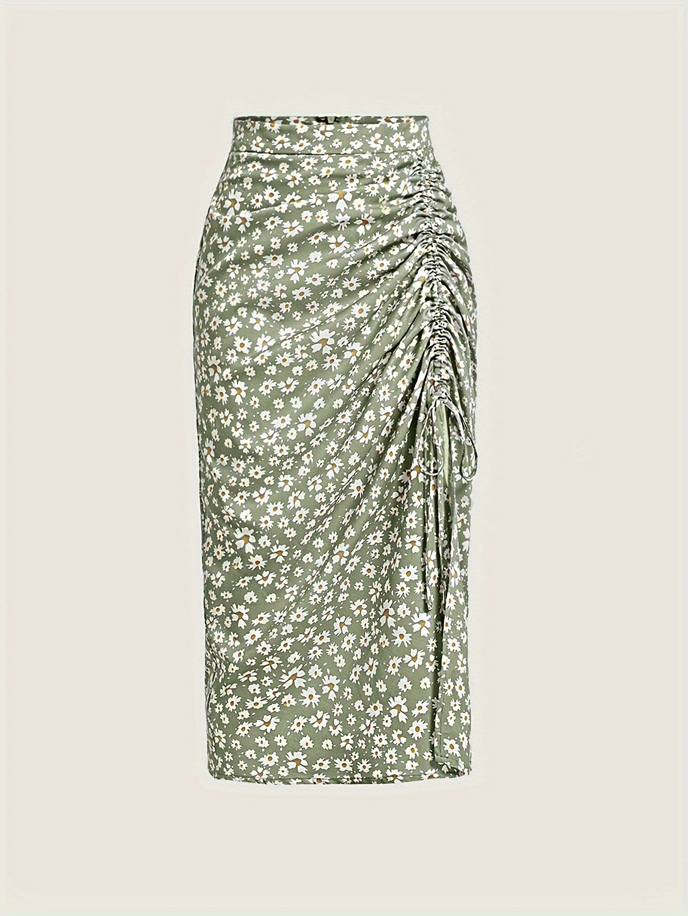 Women's Floral Print High Waist Midi Skirt with Drawstring Ruched for Spring Summer