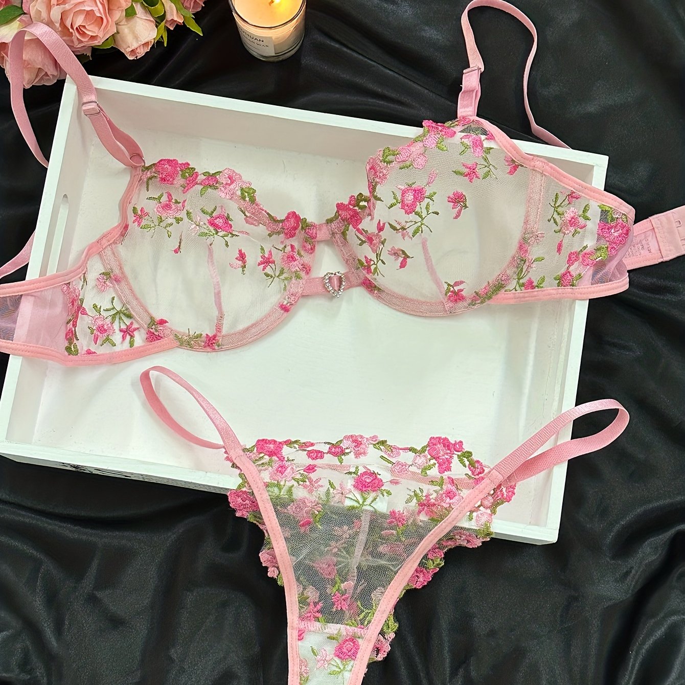 Women's Floral Embroidery Lingerie Set with Unlined Bra and Mesh Thong