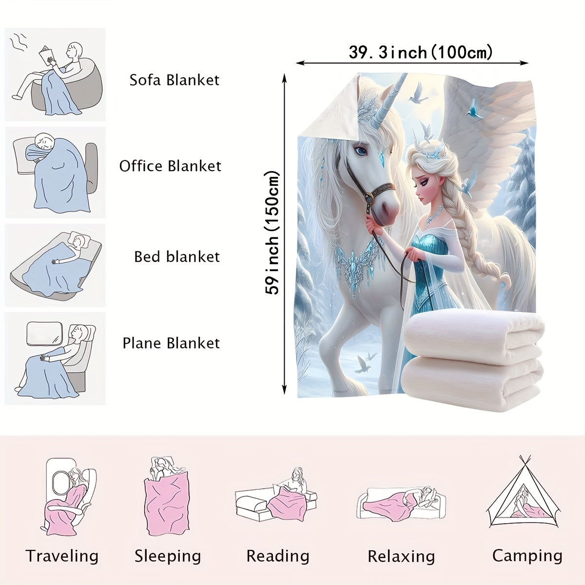 Unicorn Snow and Ice Art Blanket High-Necked Versatile Throw Bed Carpet Towel Quilt