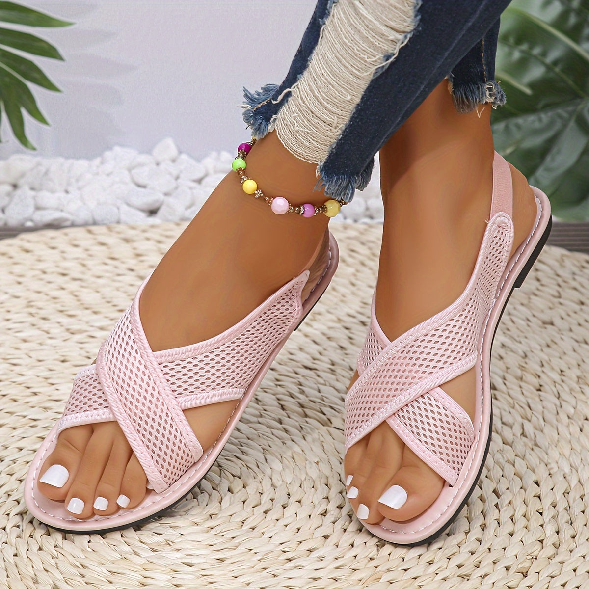 Women's Mesh Flat Sandals Open Toe Summer Shoes Lightweight Ankle Strap
