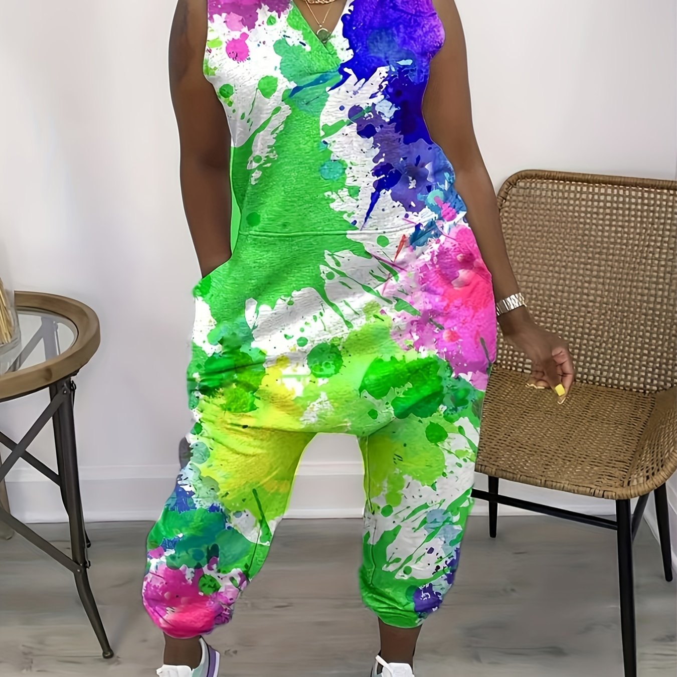 Women's Slim-Fit Sleeveless Tie-Dye Jumpsuit with Pockets