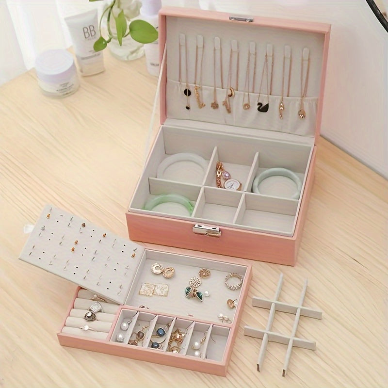 Caja de almacenamiento para joyas para pendientes, anillos y collares con doble capa y cerradura