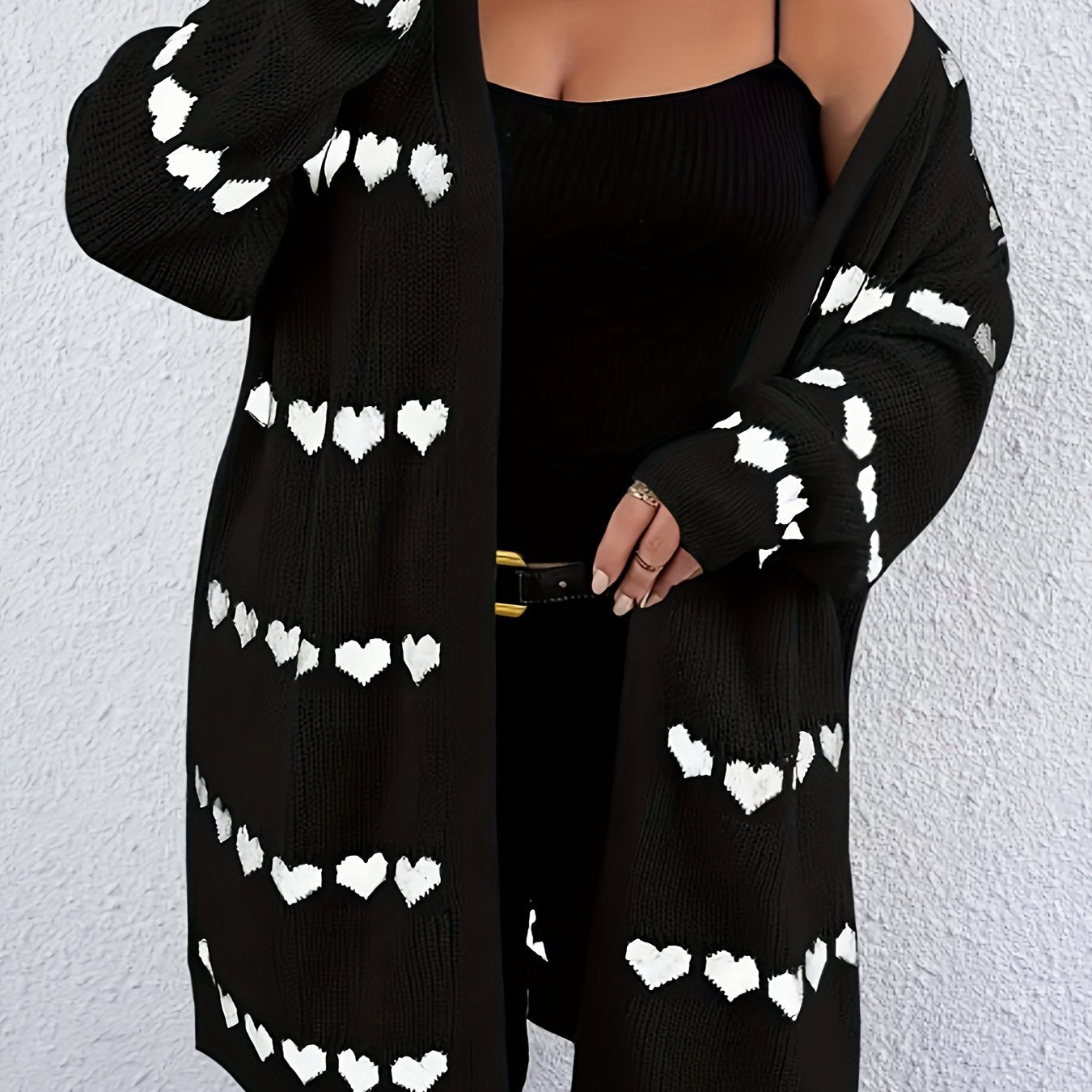 Кардиган для женщин больших размеров с сердечным узором, длинные рукава, черно-белый, повседневный свитер