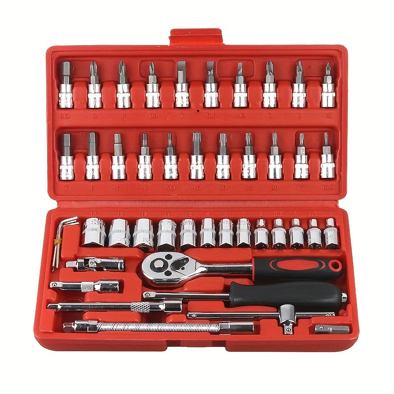 46-Piece Stainless Steel Multi-Function Tool Kit With Red Case For Auto And Bicycle Repair