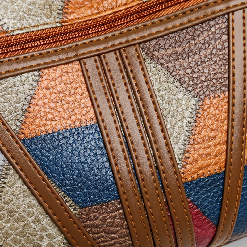 Zamonaviy geometrik naqshli yelka sumkasi keng ichki qismi va fermuari bilan.