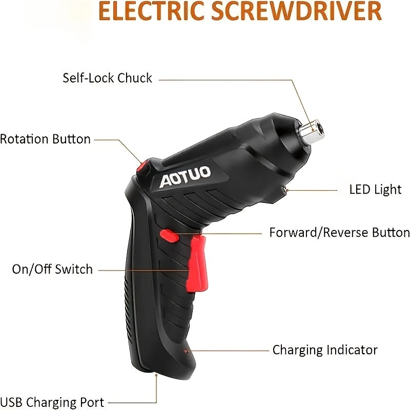 47-Piece Portable Electric Screwdriver Set with USB Charging and 90° Folding Hand Drill