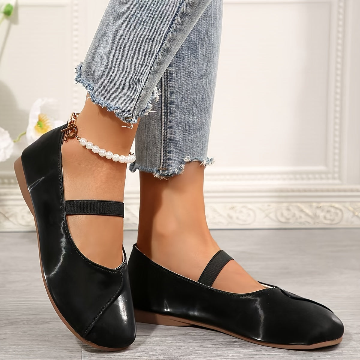 Zapatos planos negros tipo Mary Jane para mujer con suela de goma y punta redonda