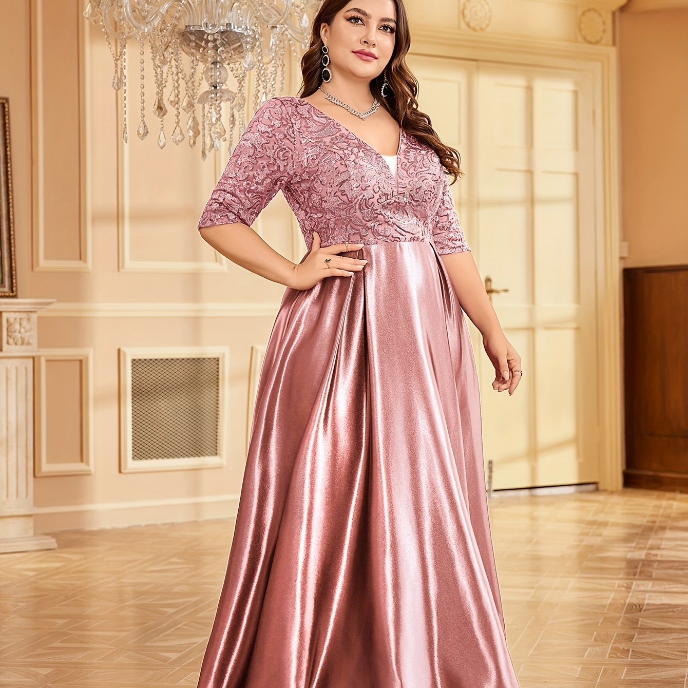 Women Sequin V-Neck Wedding Dress Mermaid A-Line Formal Gown