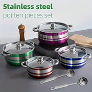 Stainless Steel Cookware Set 10 Pieces Multi-Color Induction Gas Stove Compatible