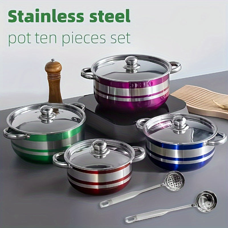 Stainless Steel Cookware Set 10 Pieces Multi-Color Induction Gas Stove Compatible