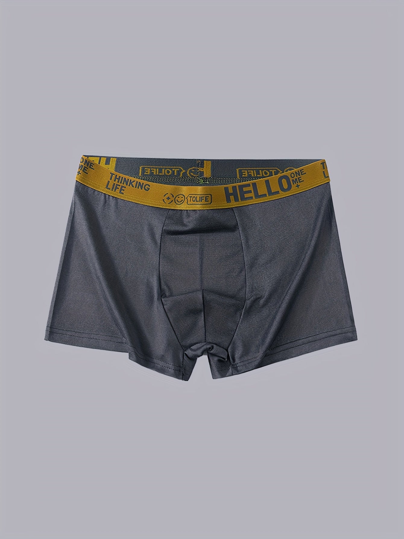 3 dona erkaklar uchun boxer shortlari, turli ranglarda 'Hello' printi bilan, havo o'tkazuvchanligi, qulaylik va tez quritish xususiyatlari uchun polyester/spandeks aralashmasidan tayyorlangan.