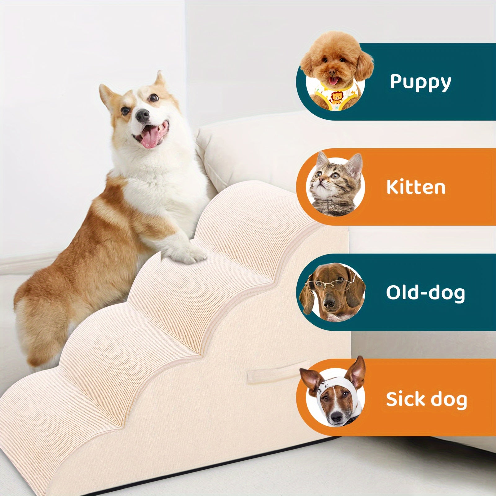 Small Dog Steps 2/3/4 Stairs Non-Slip Washable for Injured Older Pets with Joint Pain
