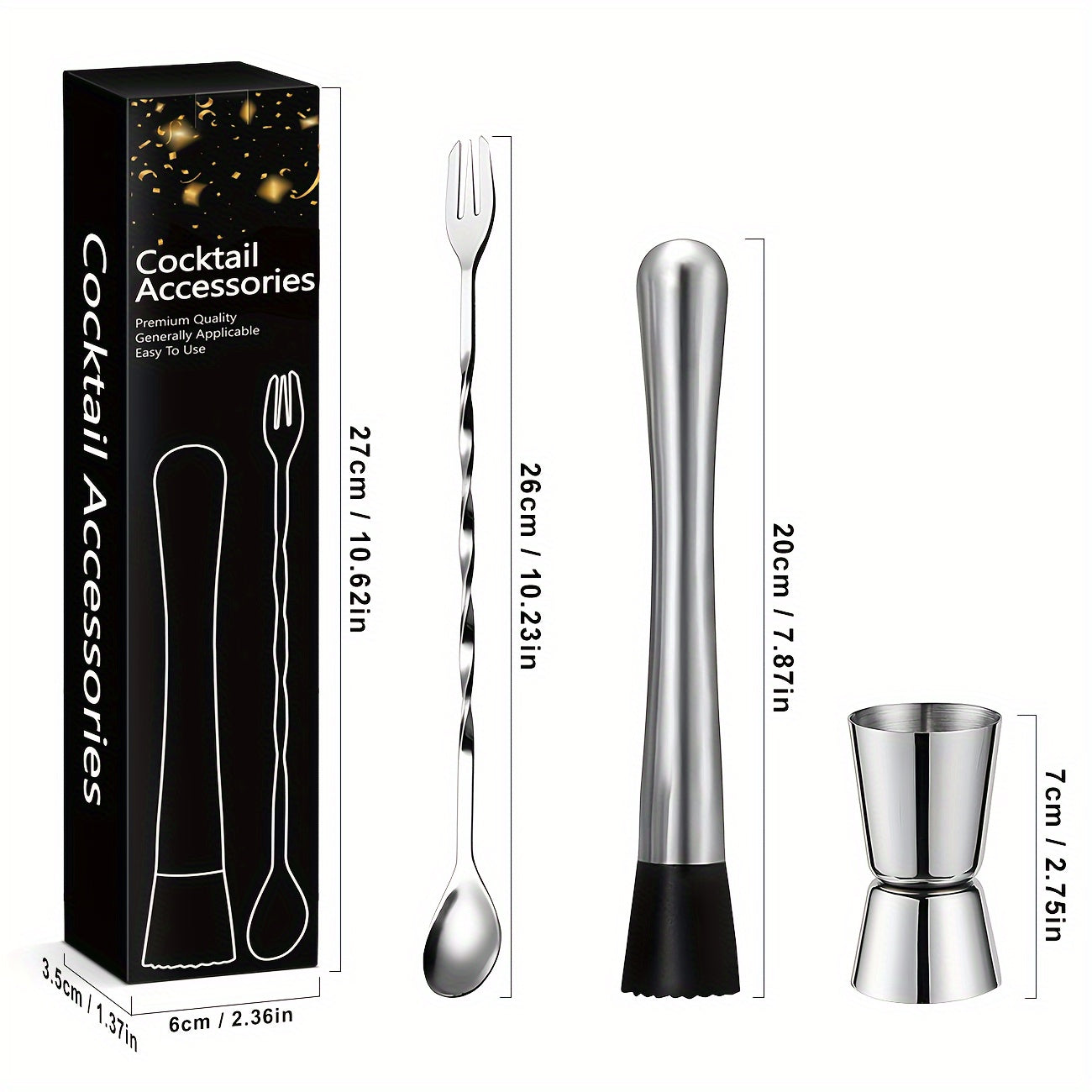 Stainless Steel Barware Set with Cocktail Muddler Spoon Measuring Cup and Bottle Opener