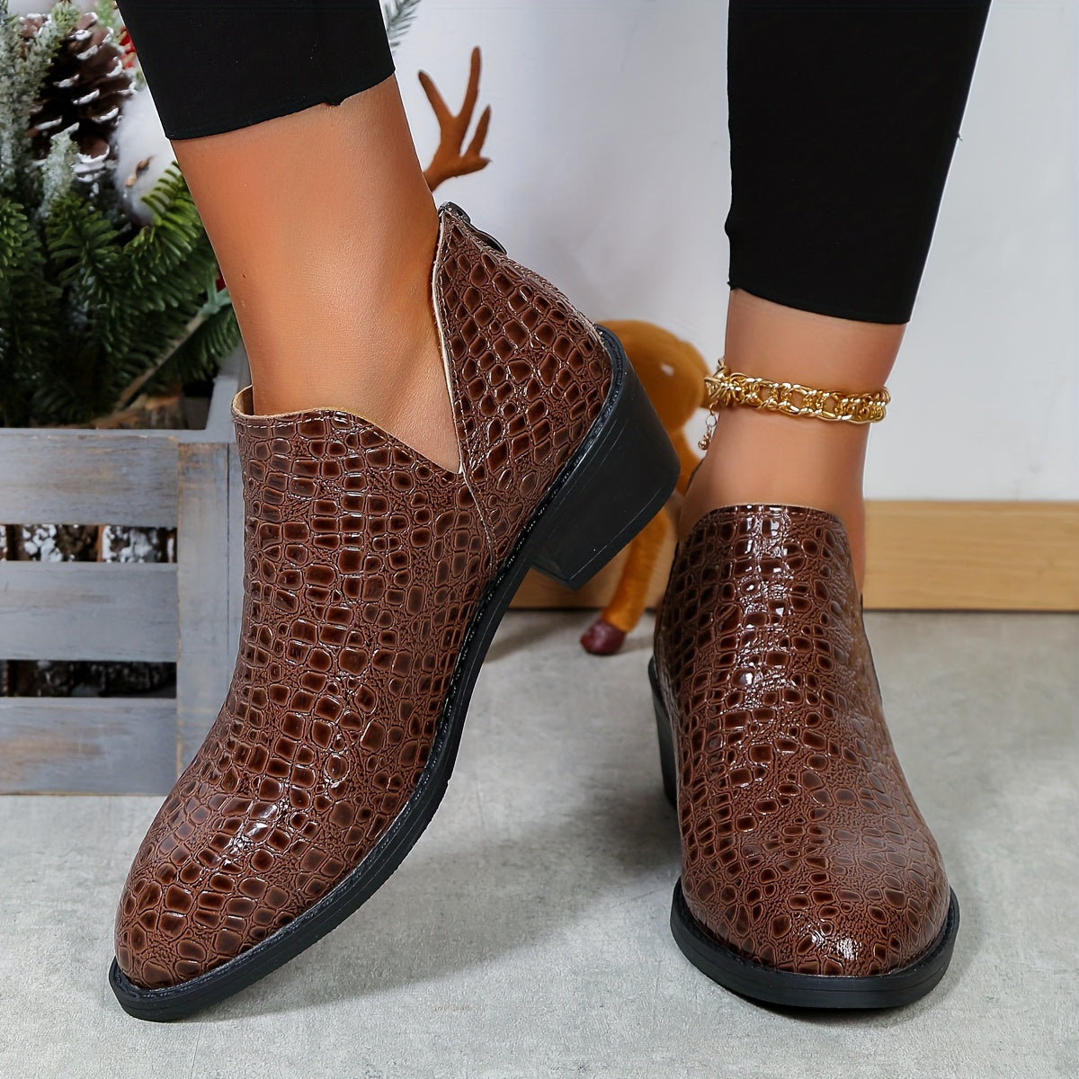 Women's Faux Leather V-Back Zip Ankle Boots with Block Heel and Round Toe