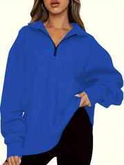 Ayollar uchun yarim-zip pullover svitshot uzun qolli ko'k polyester aralashmasi