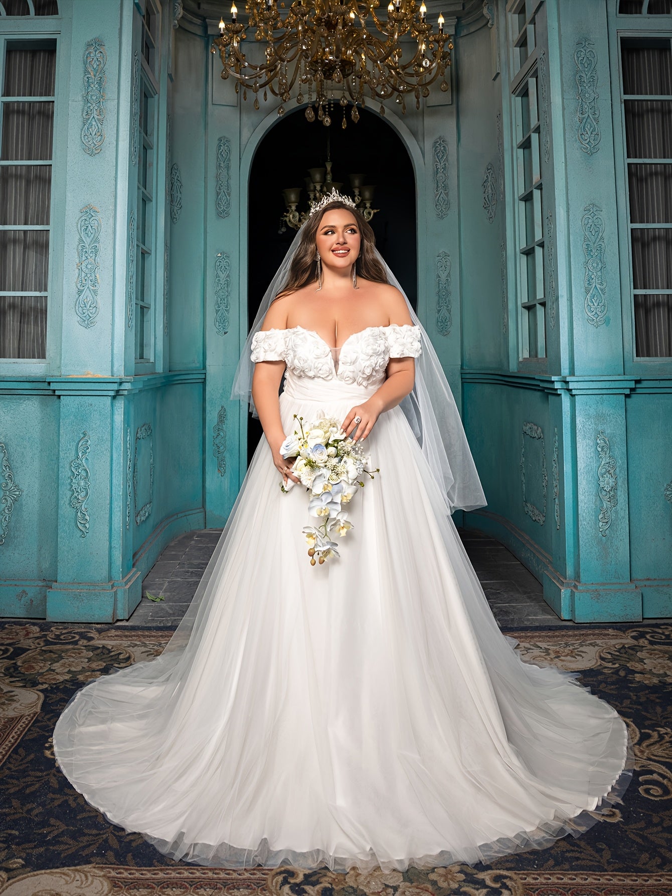 Plus Size Off Shoulder Wedding Dress A-Line Bridal Gown Ruffled Sleeves