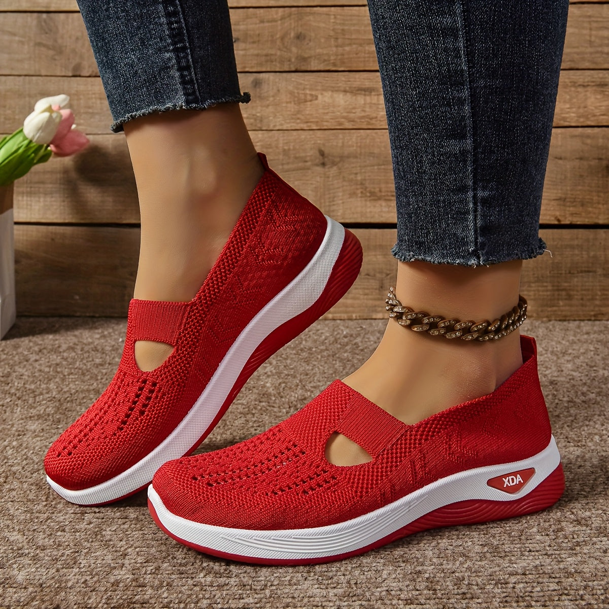 Ayollar uchun slip-on sport poyabzali, engil, nafas oladigan, trikotaj, kundalik kiyimlar uchun, turli ranglarda