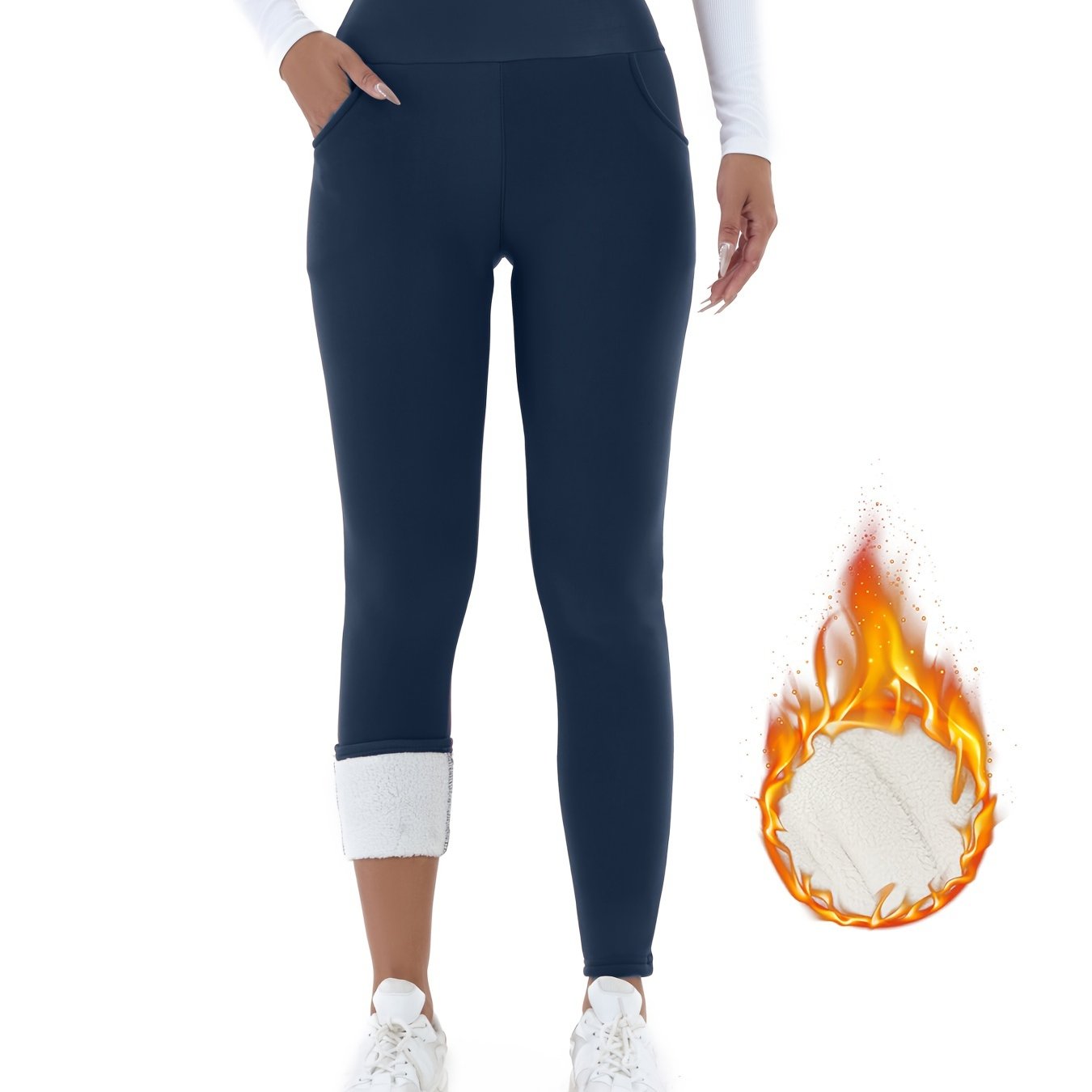 Women's Fleece-Lined High-Waist Leggings with Pockets for Fall and Winter