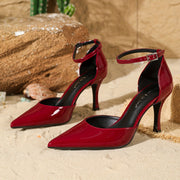 Women Red Pointed Toe Stiletto Pumps Ankle Strap High Heels
