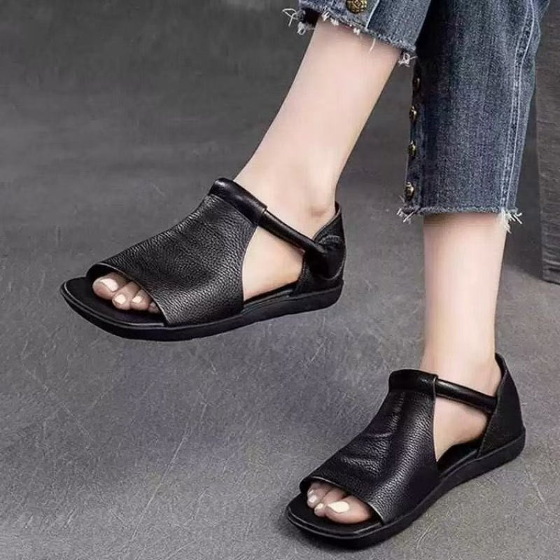 Women's Faux Leather Open-Toe Flat Sandals with Adjustable Strap Black