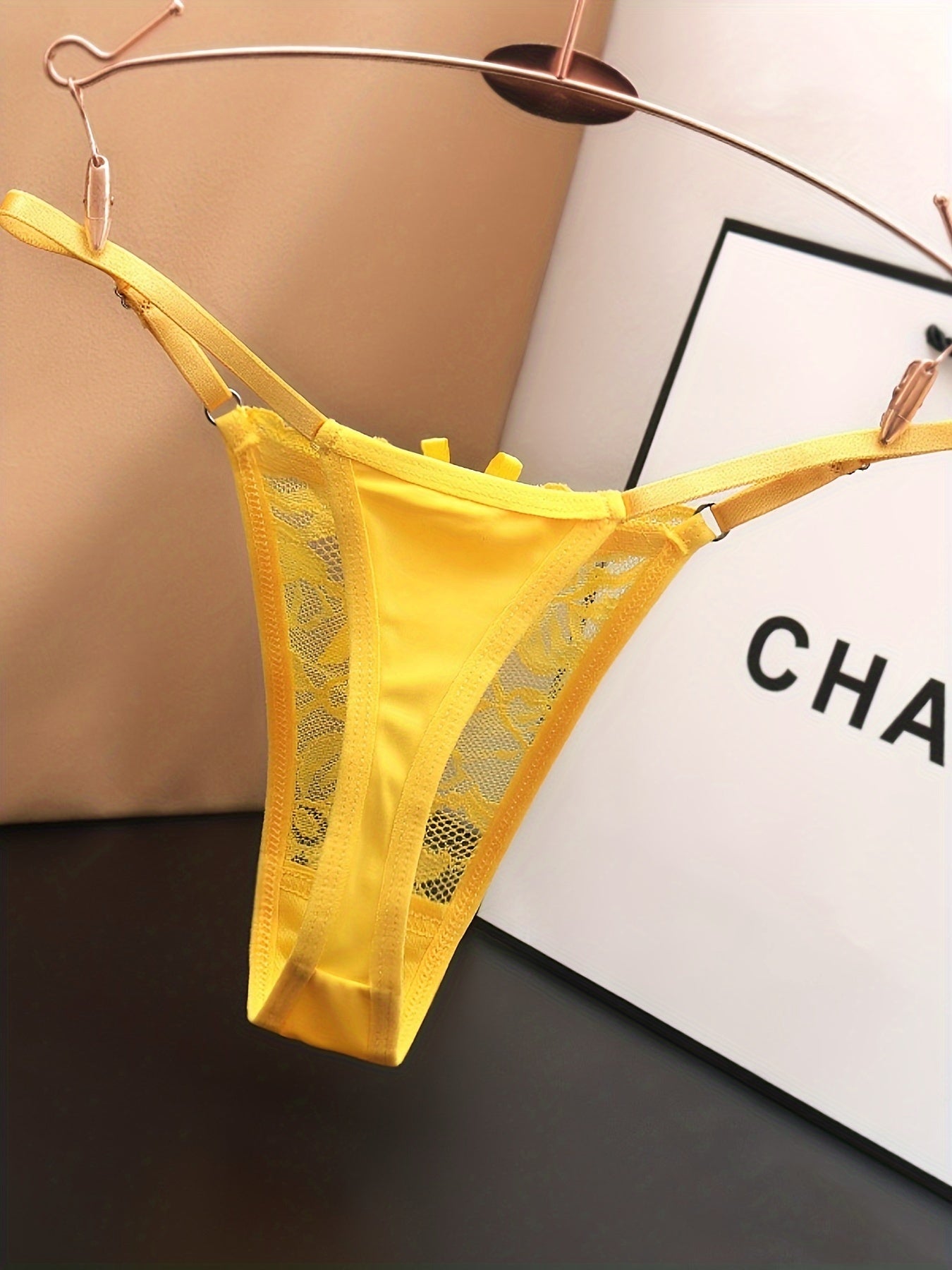 Black Lace Thong Panties with Adjustable Straps and Rose Gold Details for Women