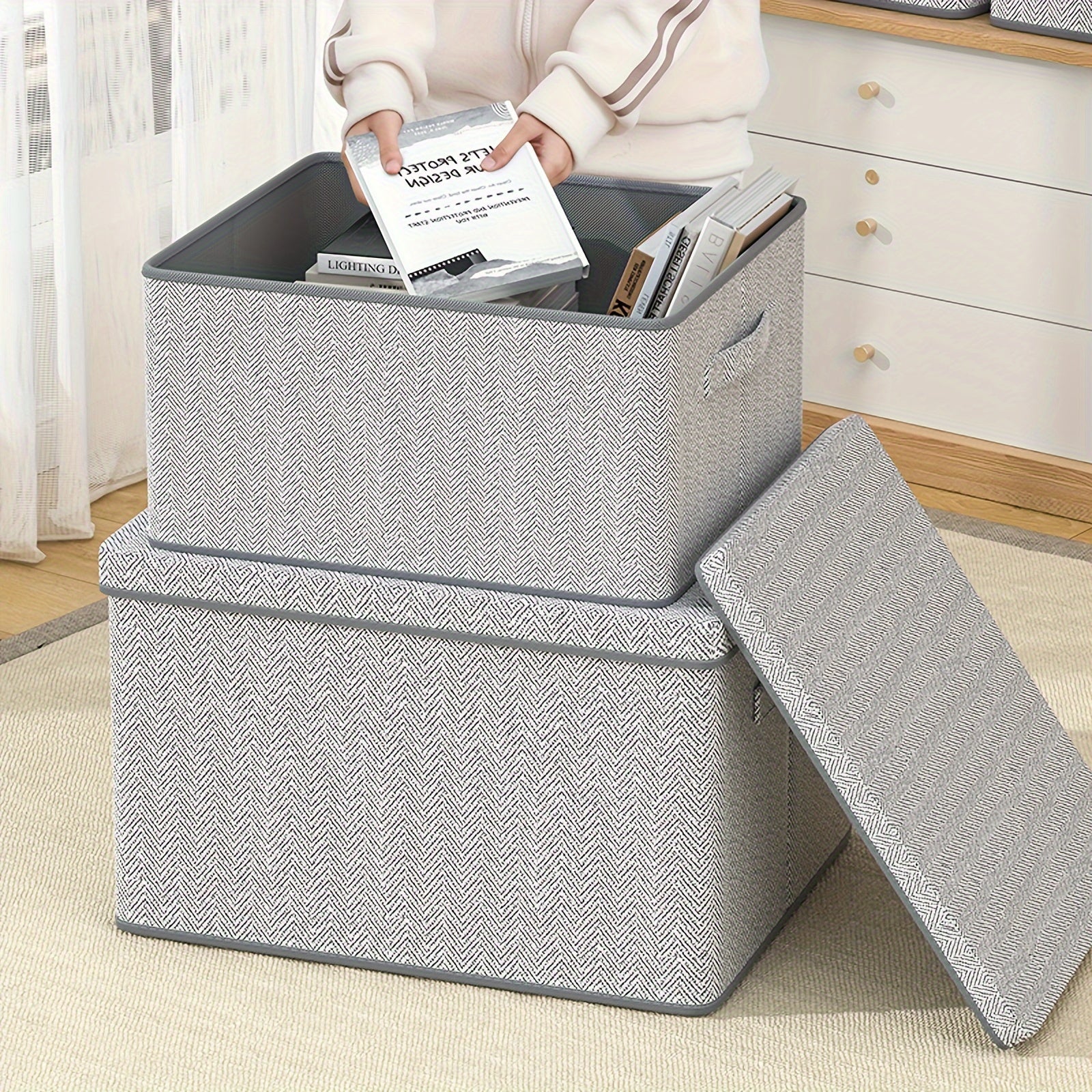 Non-Woven Fabric Storage Box with Lid Stackable Dustproof for Clothes Toys Snacks