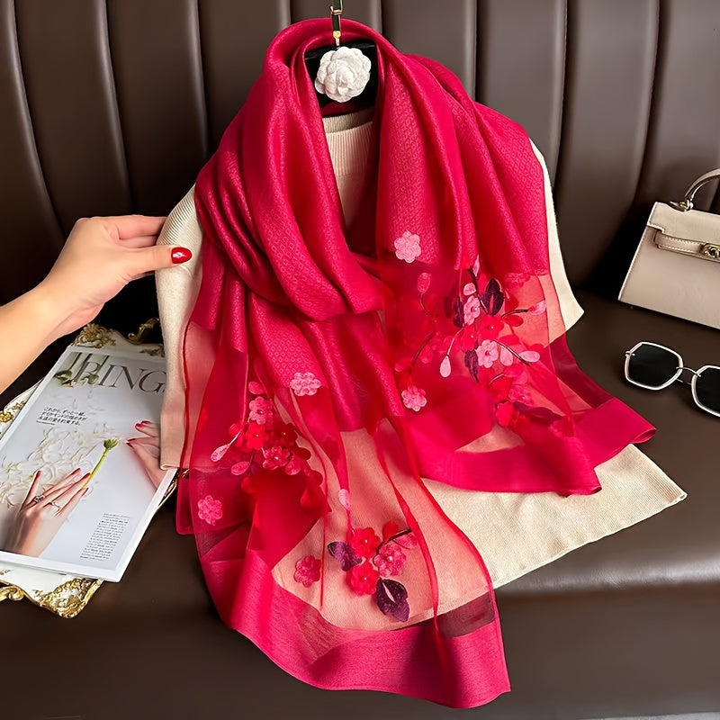 Women’s Embroidered Begonia Flower Scarf Thin Dual-Layer Breathable Solid Color Shawl