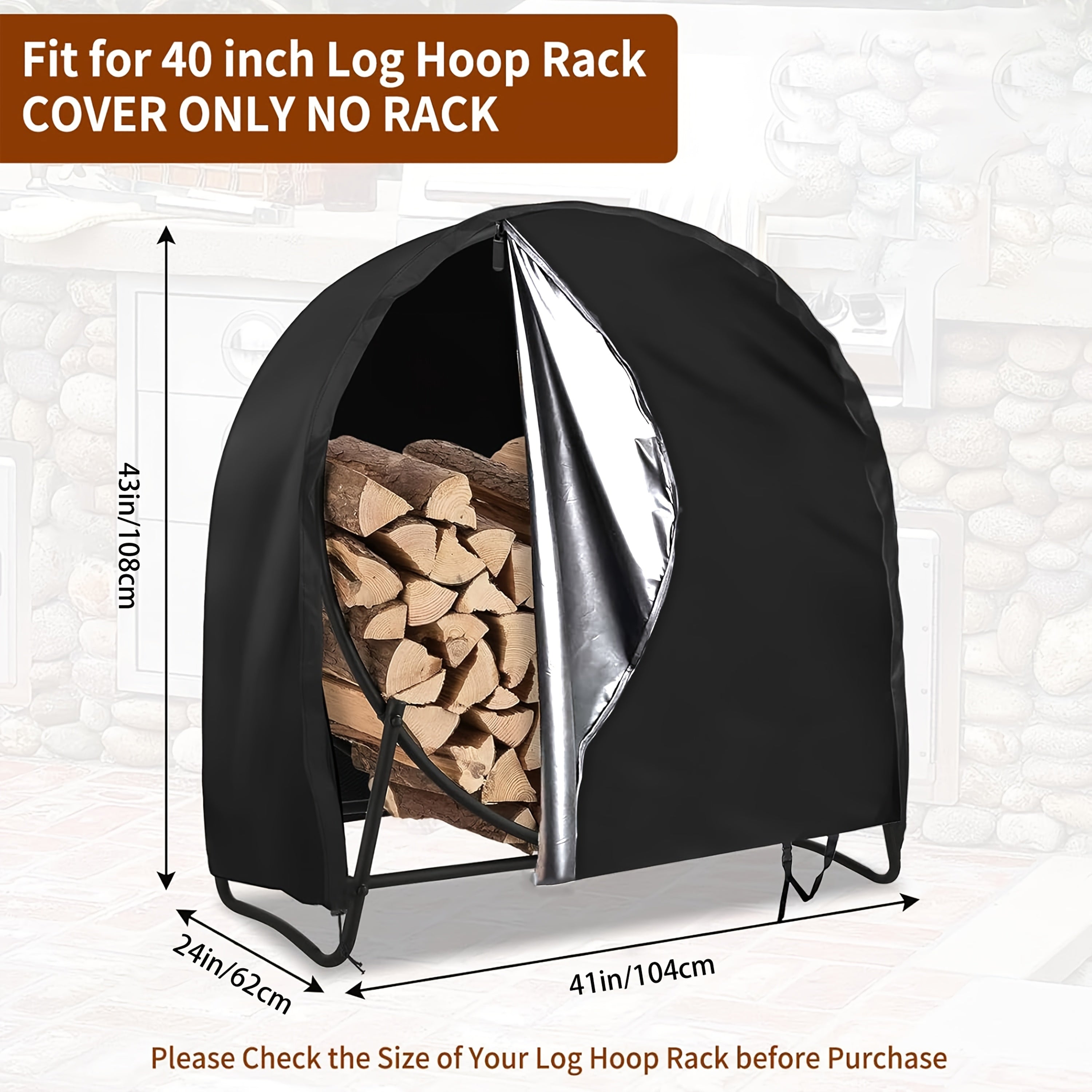 Waterproof Outdoor Log Rack Cover with Zipper and Wind Buckle for Firewood Storage