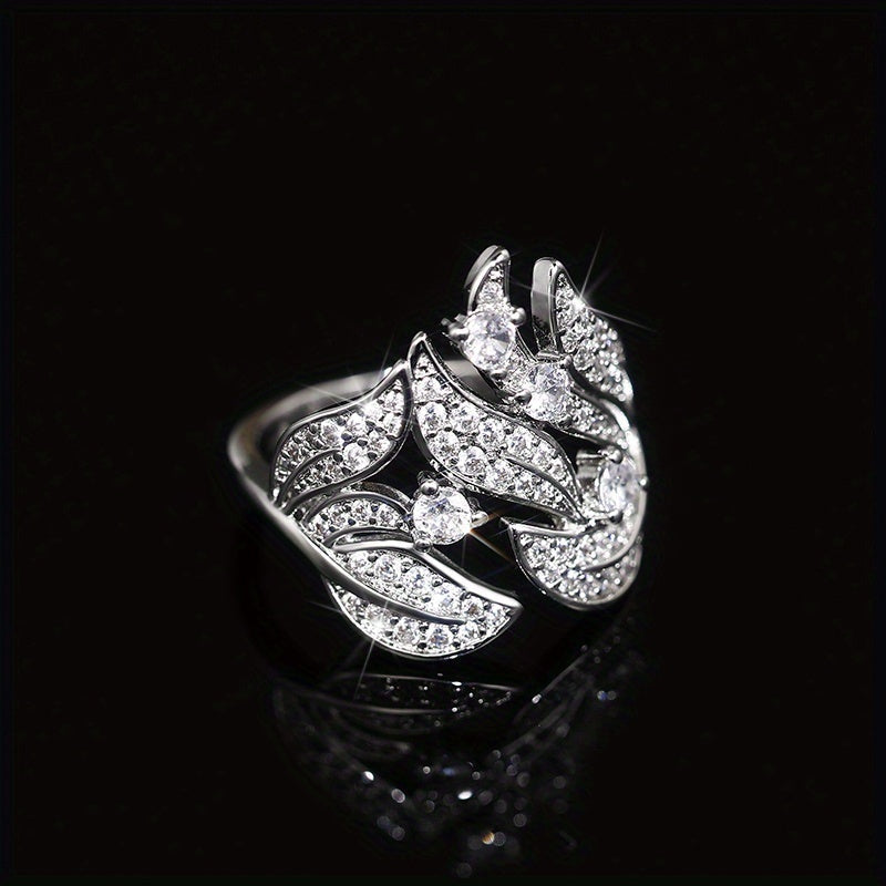 Women's Silver Plated Micro Pave Zirconia Flower Leaf Ring Jewelry