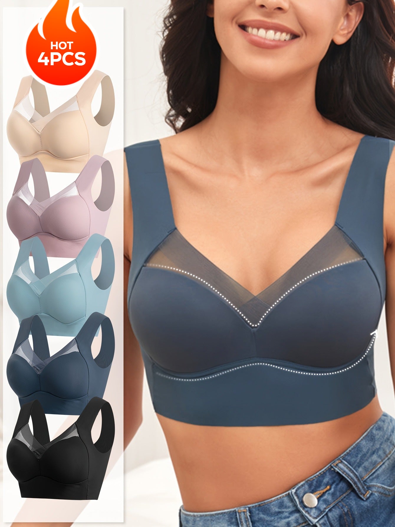 Women Solid Color Cross V-Neck Bras Pack of 4 Breathable Comfortable Mesh Light Blue Pink Beige Black