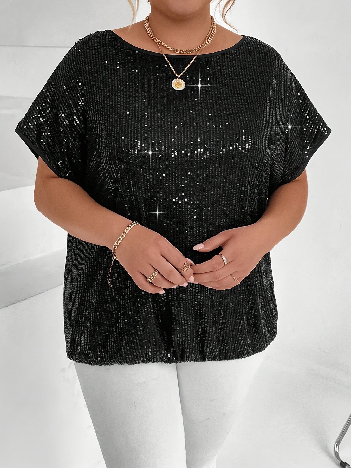 Plus Size Women's Sequin Short Sleeve T-Shirt Lightweight Silver Casual Top