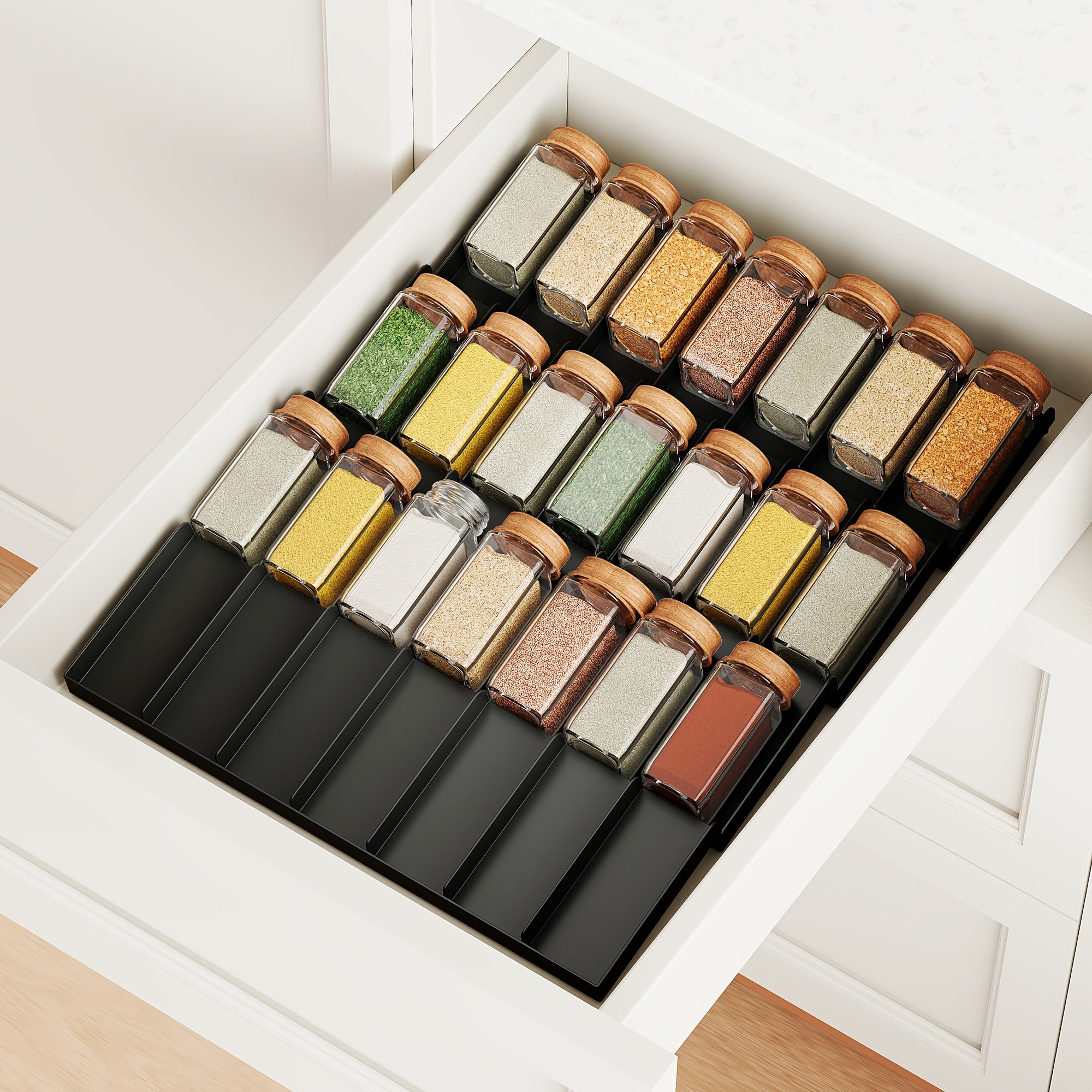 Sozlanadigan plastmassa ziravorlar shkafini tashkil etuvchi saqlash konteynerlari bilan