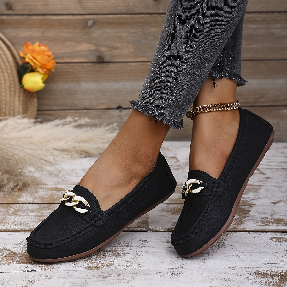 Women's Slip-On Loafers White Beige Black with Gold Chain Rubber Sole