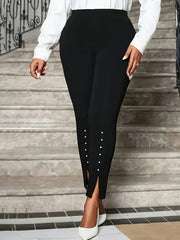 Women's Plus Size Black Pearl Embellished Side Slit Capri Pants