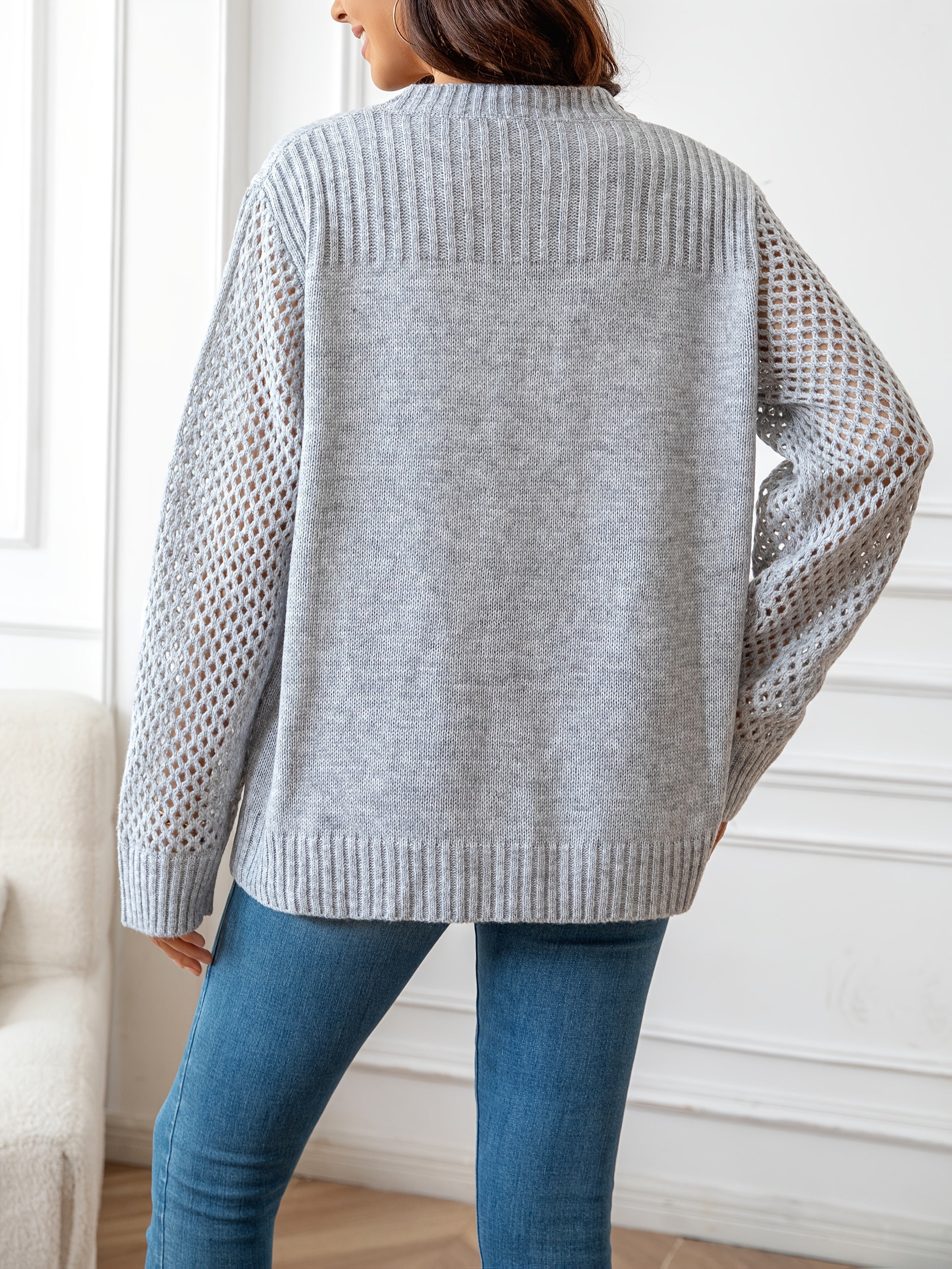 Plus Size Hollow Out Knitted Sweater Casual Long Sleeve Pullover Women