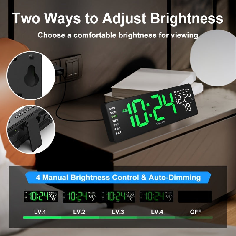 Large screen digital wall clock with indoor temperature date week display desk countdown timer 10-level brightness auto light LED dual alarm remote