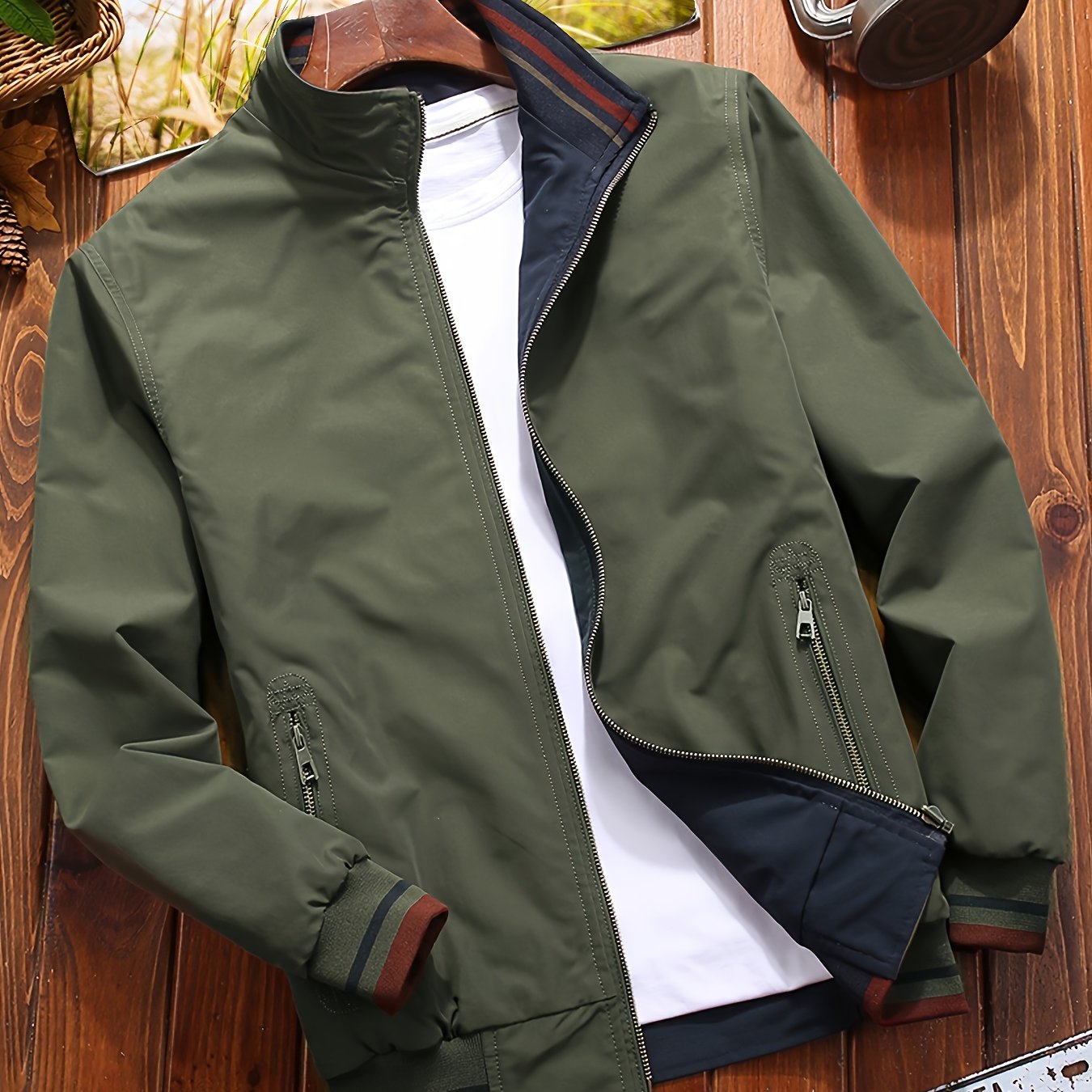 Men's Reversible Windproof Jacket with Pockets and Military-Inspired Design