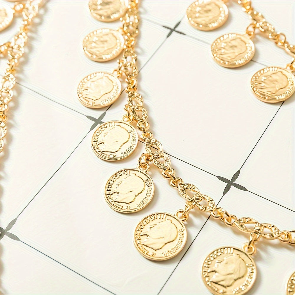 Gold Plated Arabic Bride Chest Chain with Handmade Coin Links for Wedding Jewelry