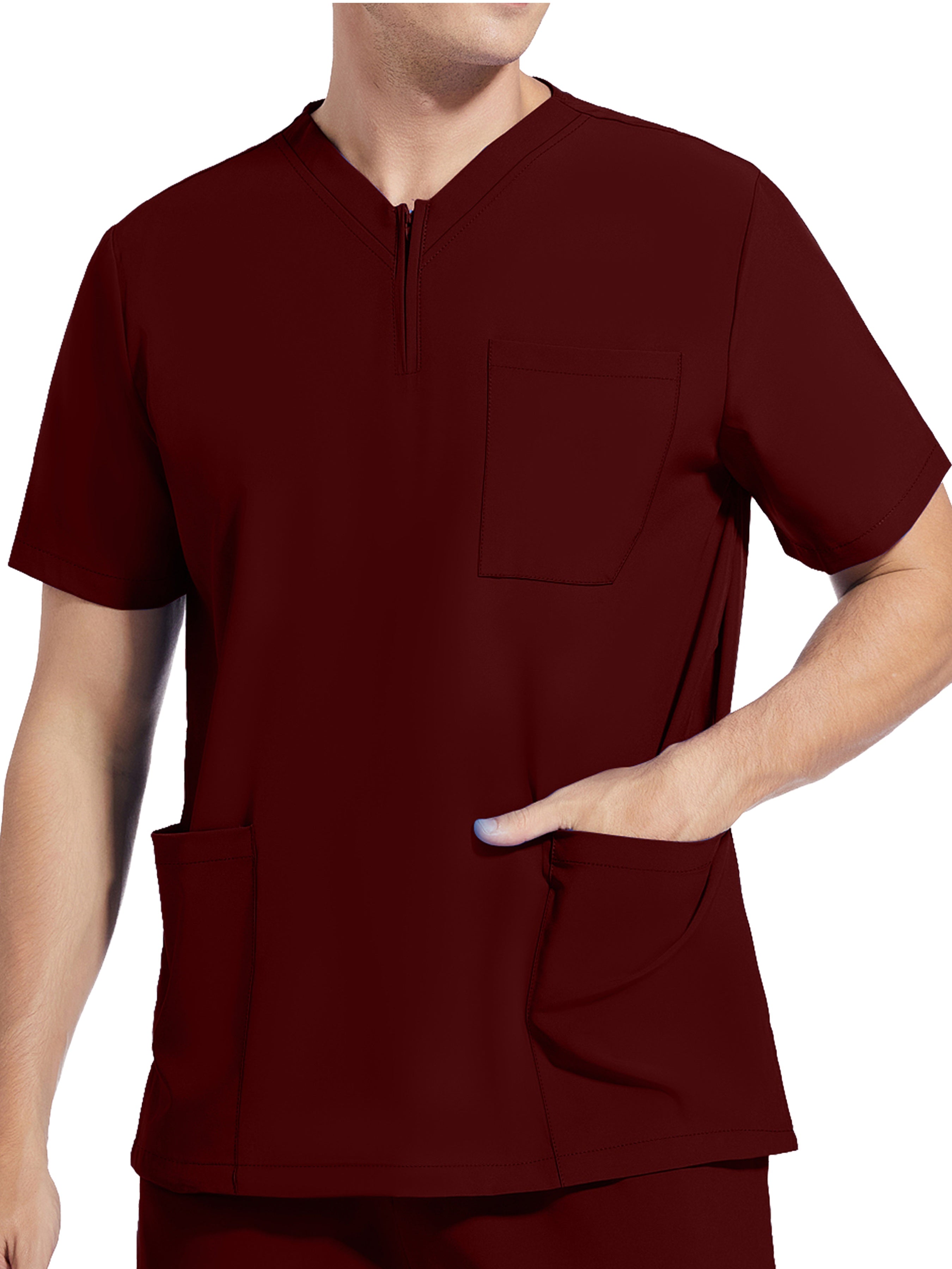 Men's Short Sleeve Stretch Work Uniform Lab Shirt with Pockets V-Neck Polyester