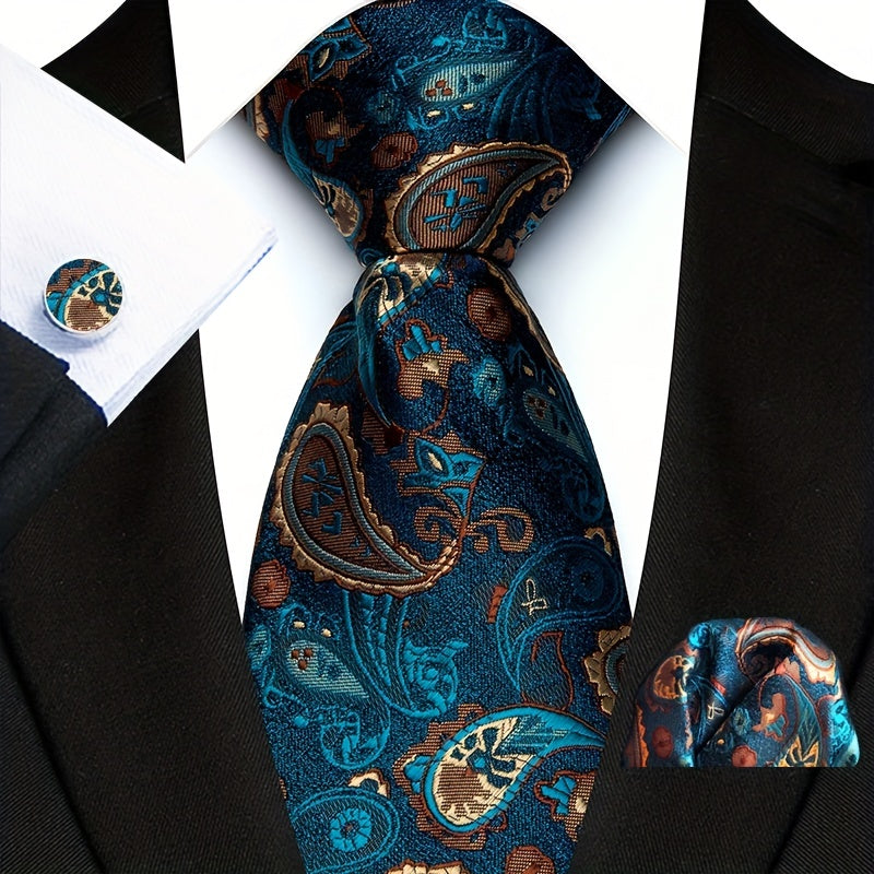Men's Three-Piece Suit Set with Paisley Tie Pocket Towel and Cufflinks