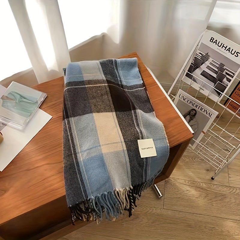 Men's Warm Plaid Fringe Hem Scarf for Autumn Winter Gift