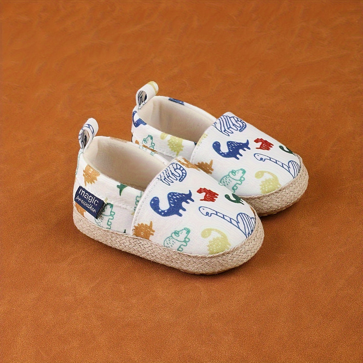 Zapatillas slip-on para bebés niños y niñas, patrón de animales de dibujos animados, de caña baja, tela, plantilla de EVA, suela de PU, casual para todas las estaciones
