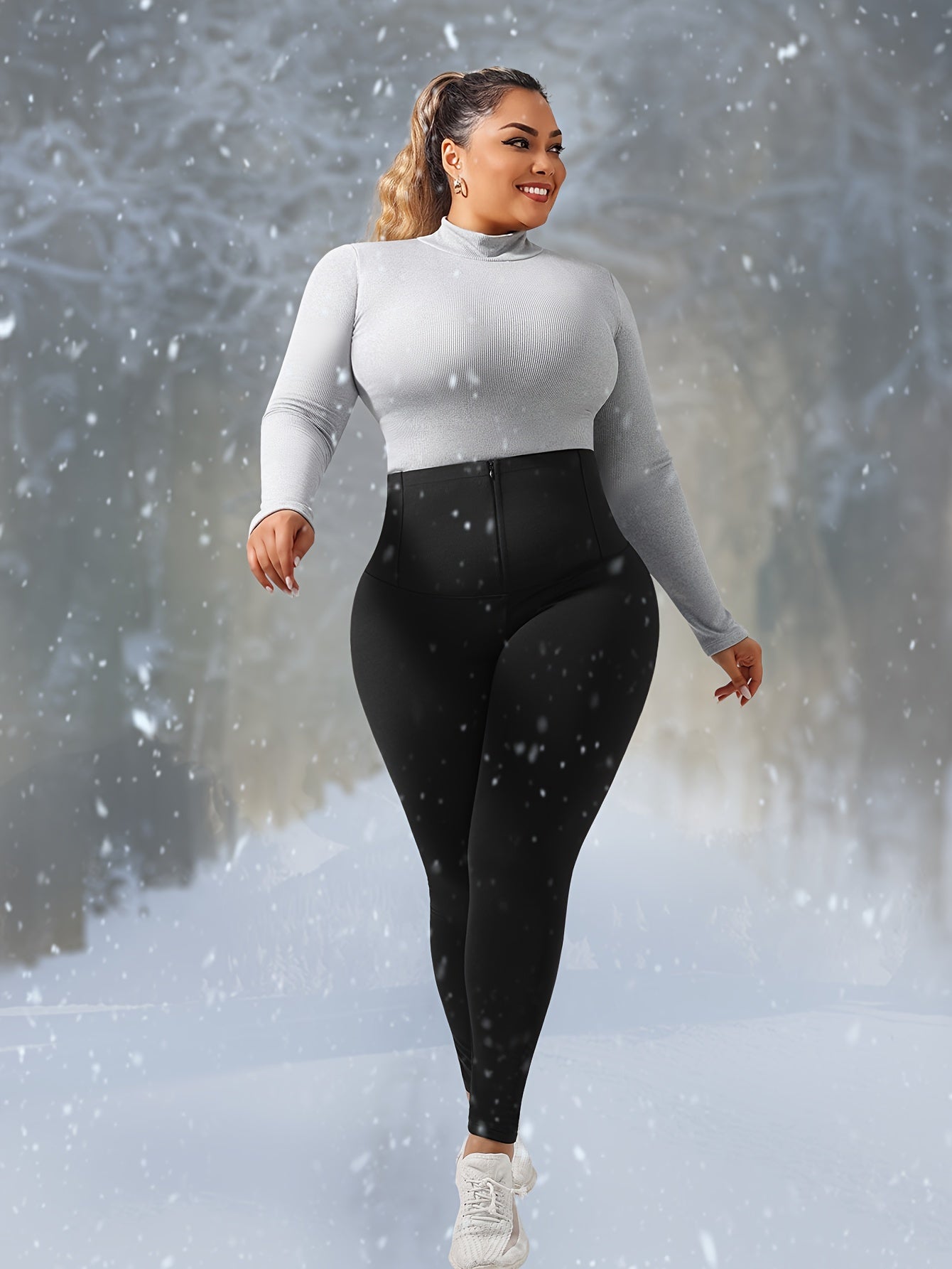 Women’s Fleece-Lined Skinny Yoga Pants with Pockets Tummy Control Black