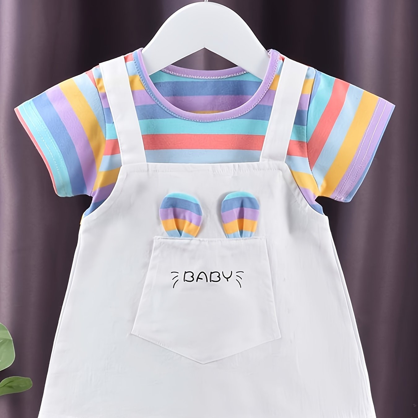 Baby Girl Summer Cotton Dress with Striped Short Sleeves Faux Two-Piece Knit Fabric Regular Fit