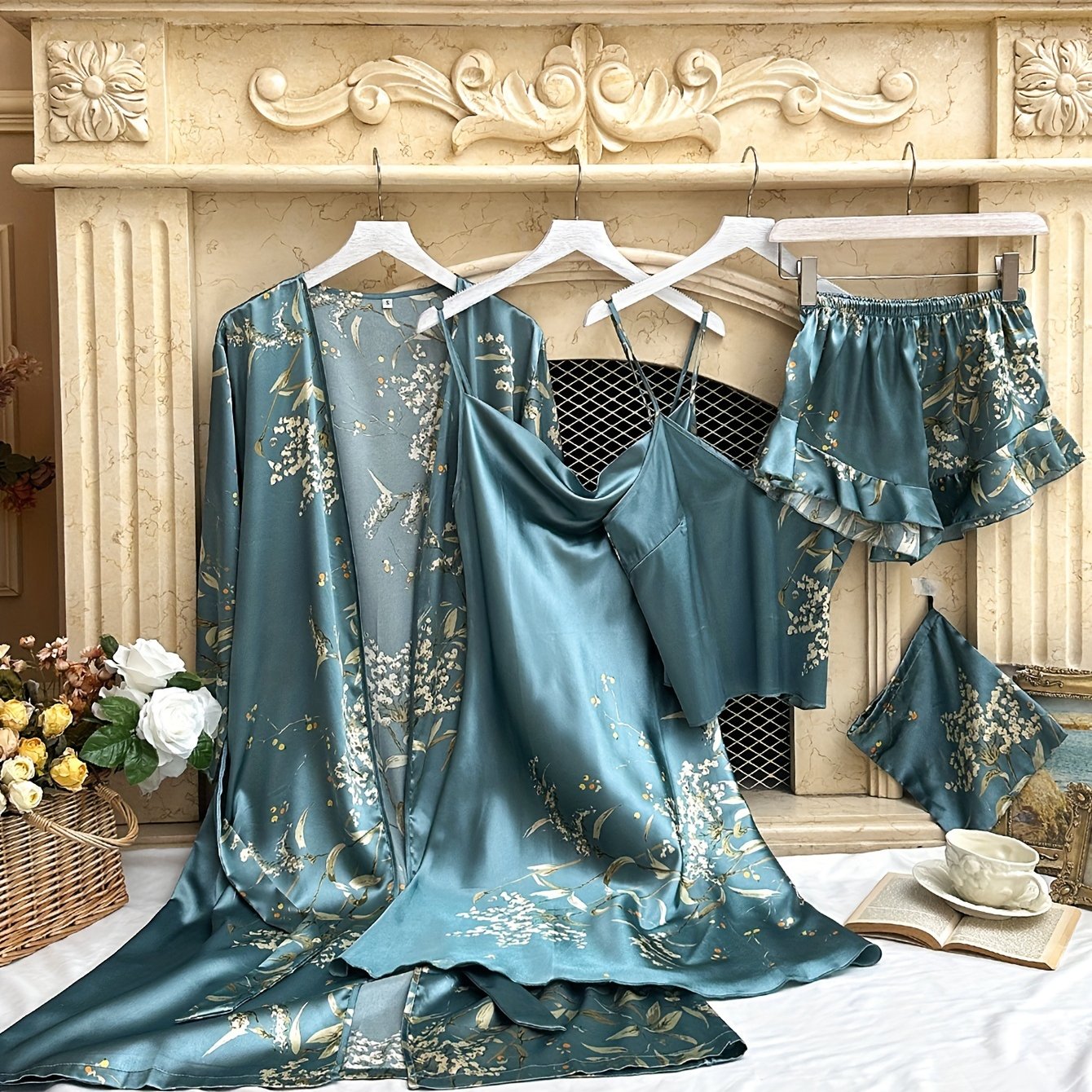 Women's Sleepwear Set with Cherry Print and Storage Bag Polyester Fall Winter Elegant