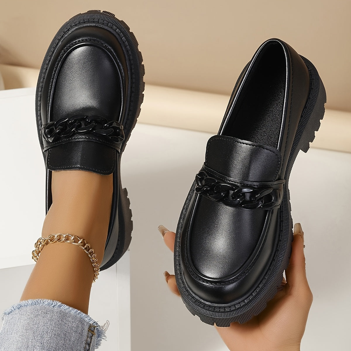 Women Vintage Loafers Black PU Slip-On Flat Shoes with Chain Detail
