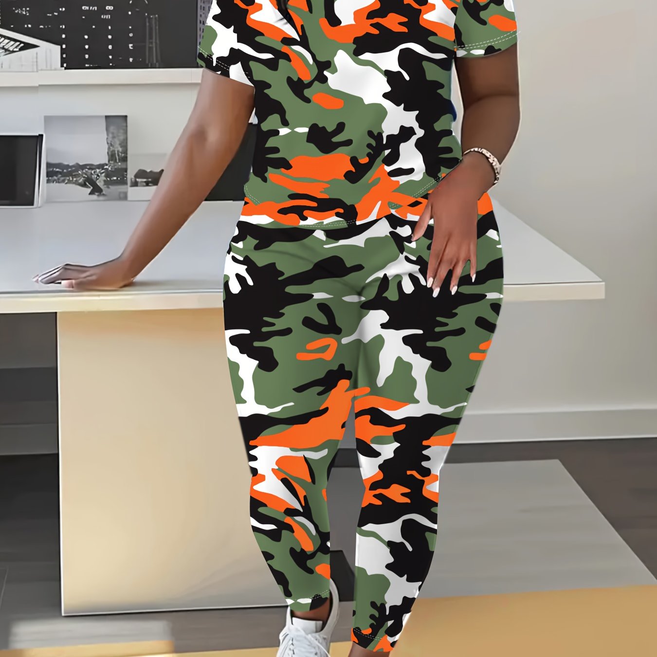 Plus Size Camouflage Orange Sports Outfit Women Activewear