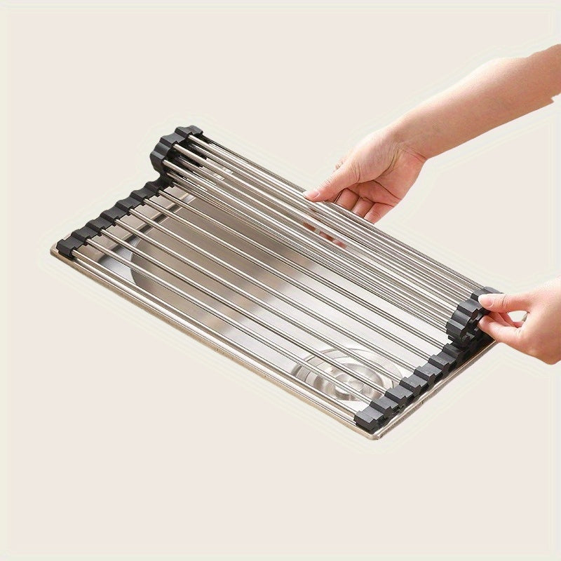 Estante enrollable para secar platos 43cm x 30cm Acero inoxidable escurridor sobre el fregadero plegable versátil