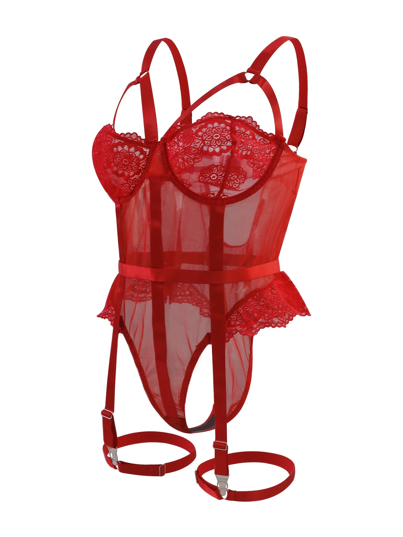 Women's Large Size Lace Bodysuit Garter Belt Leg Rings Set