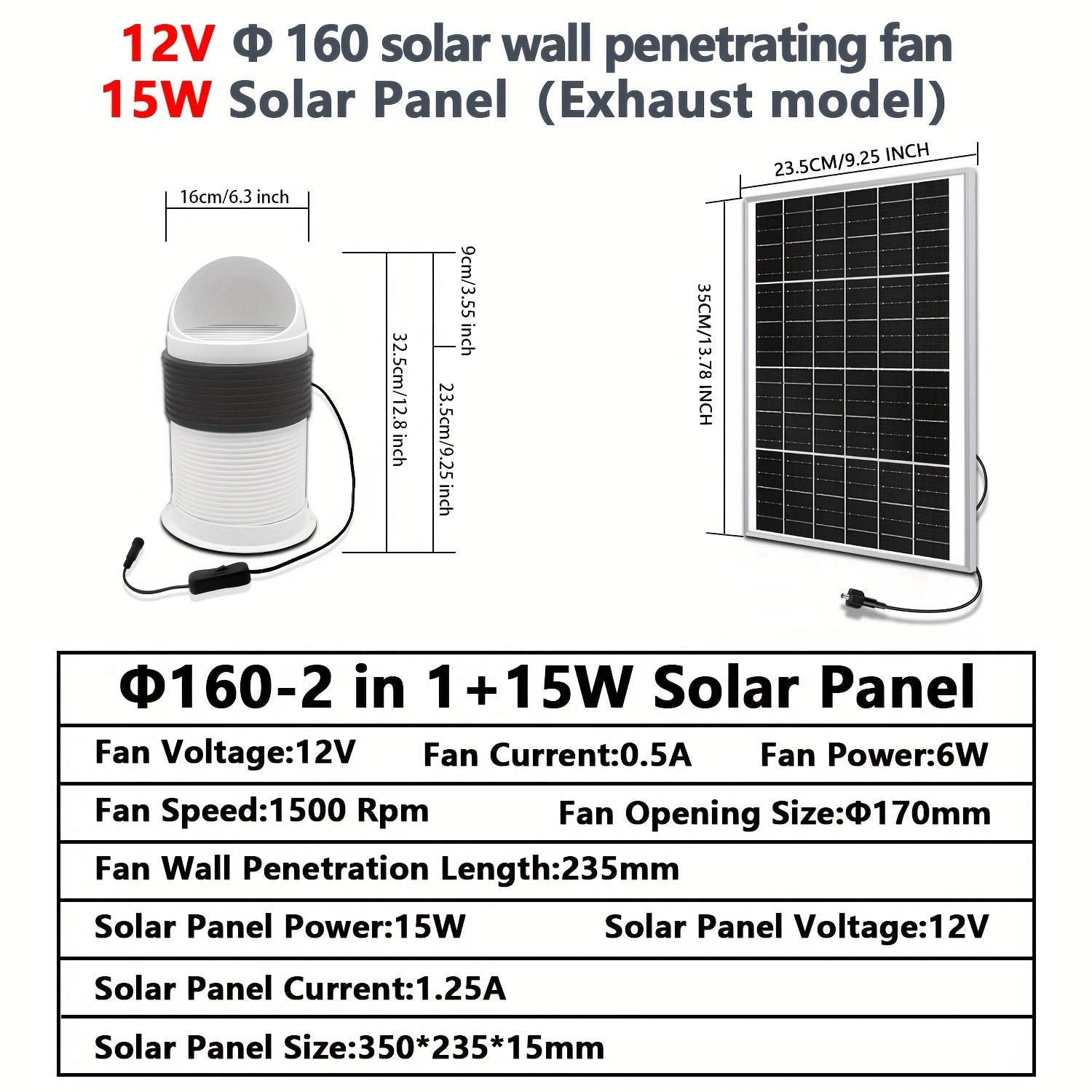 Solar Ventilation Fan Kit 15W Solar Panel with Removable Pipes for Home Exhaust